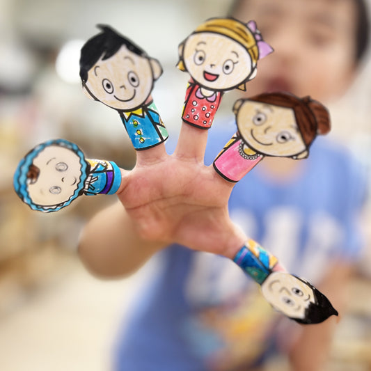 おはなしゆびさんごっこ|家族の指人形 はさみ&ぬりえ教材