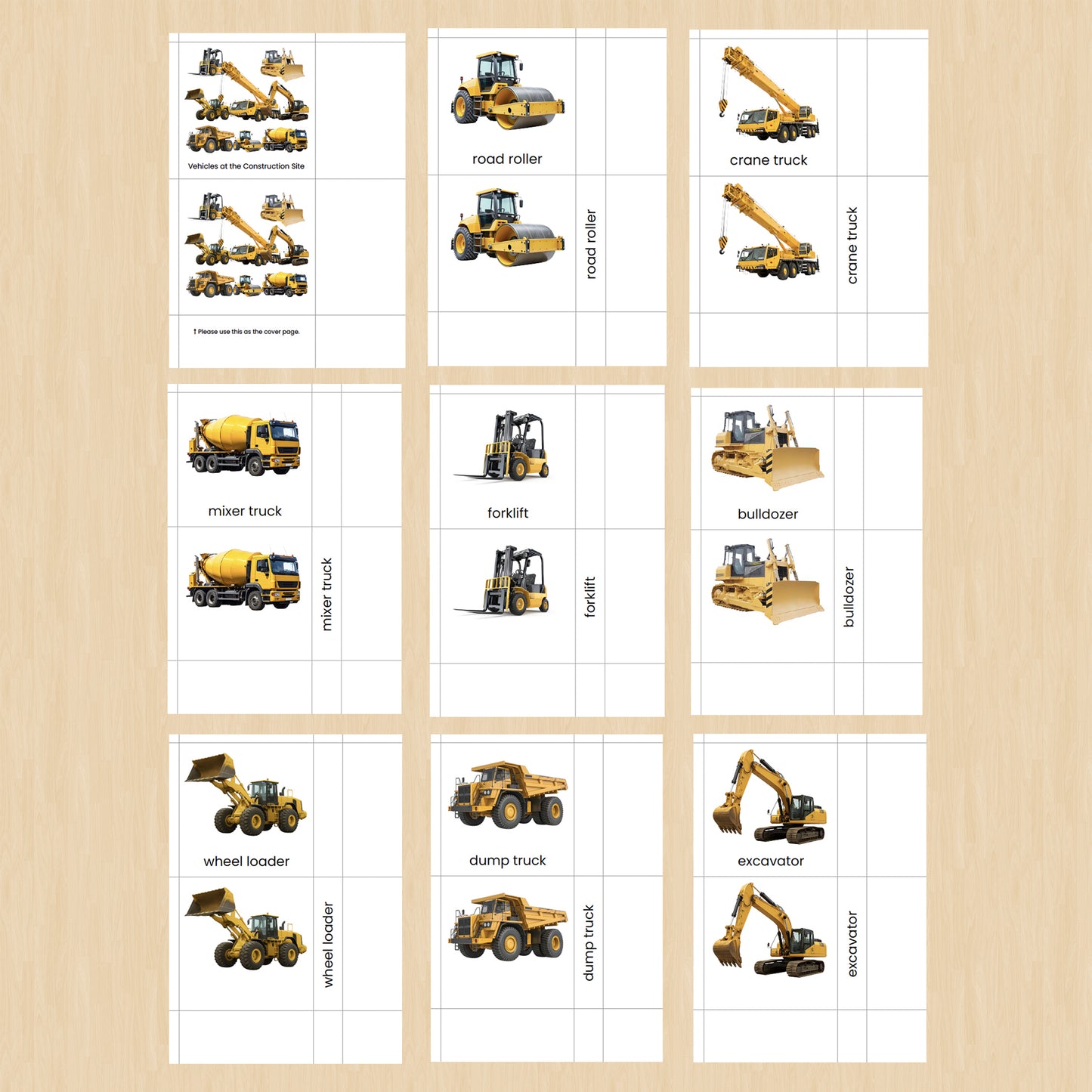 Montessori 3-Part Construction Vehicles Picture Cards – Japanese & English